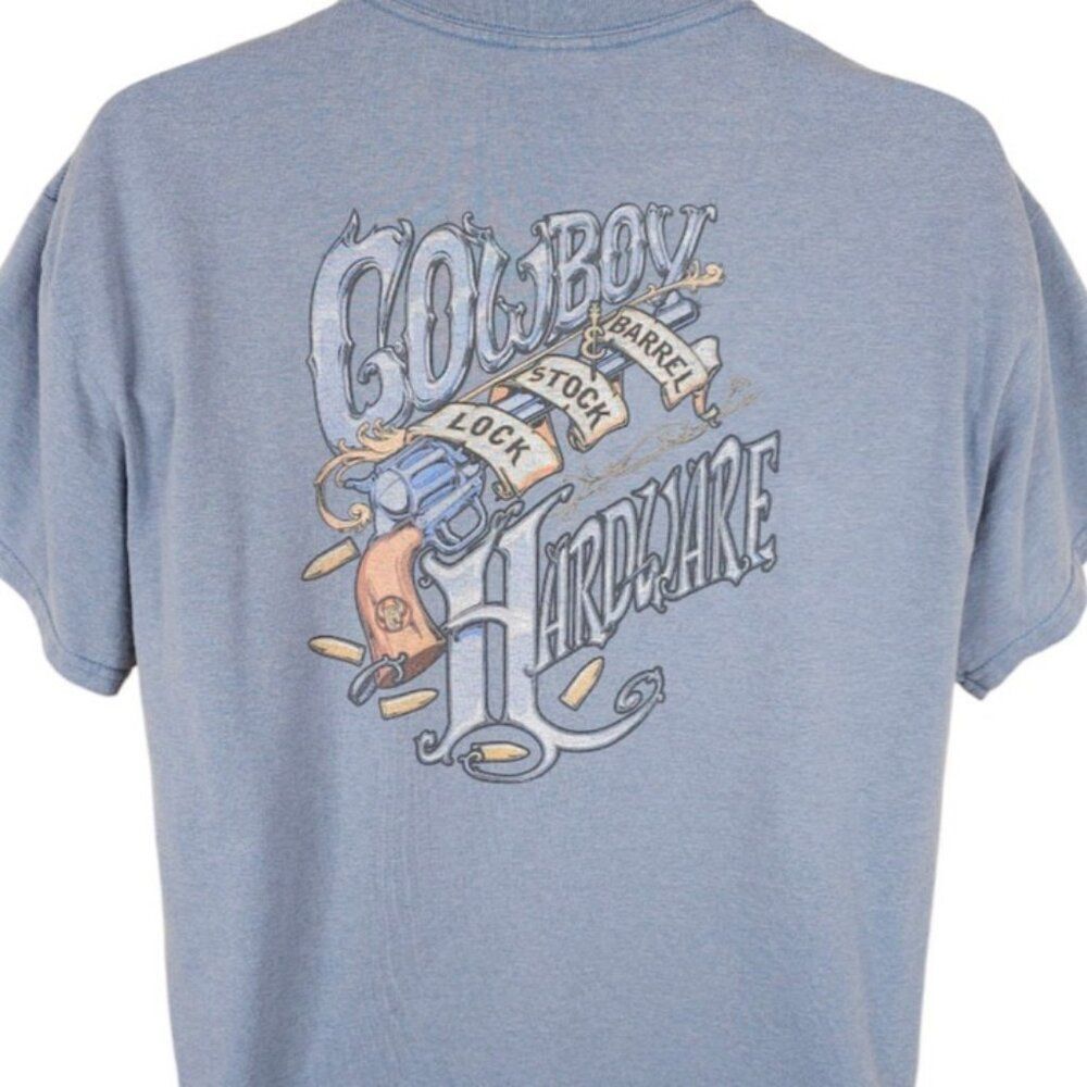 Cowboy Hardware T Shirt Mens Size Large Blue Lock Stock & Barrel Pistol